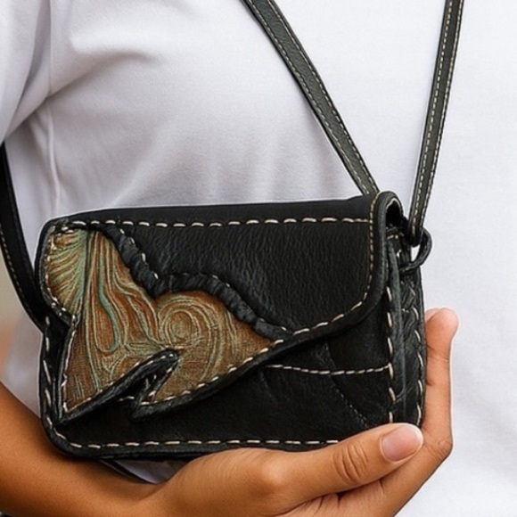 Mini Black Leather Bohemian Crossbody Travel Bag w/Artisan Accent Normcore - Picture 1 of 14